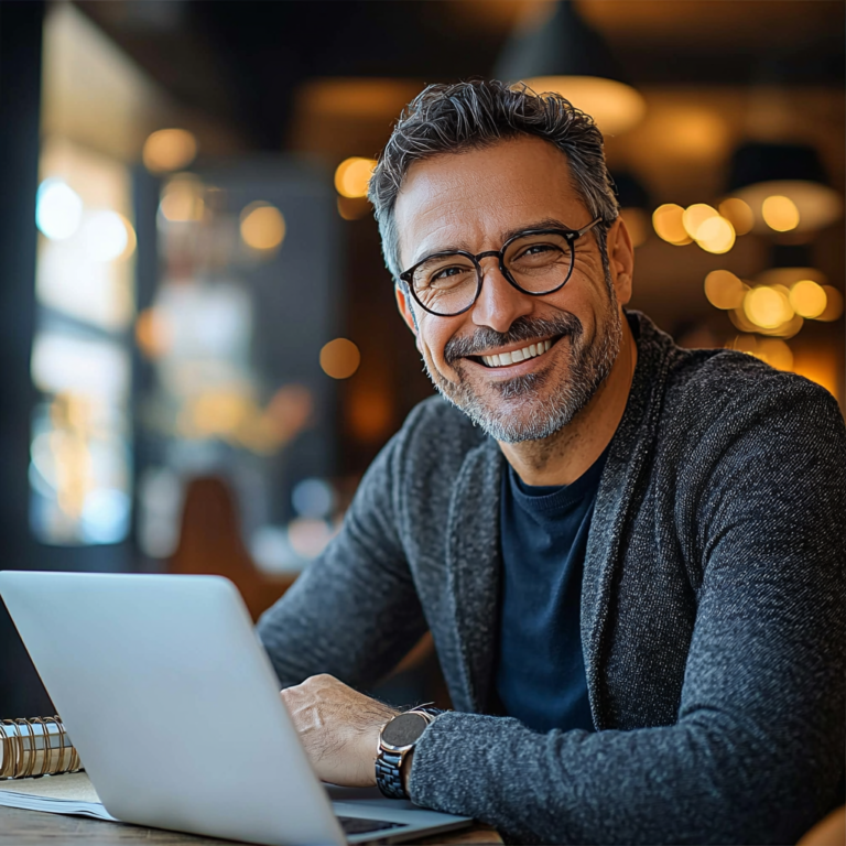 Experienced mid-career professional working on a laptop in a modern office setting, representing engineering, environmental consulting, and construction industry leadership
